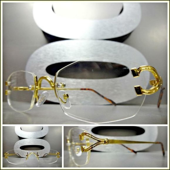 Men Classy Elegant Sophisticated Style Clear Lens EYE GLASSES Gold Rimless Frame - Picture 1 of 5